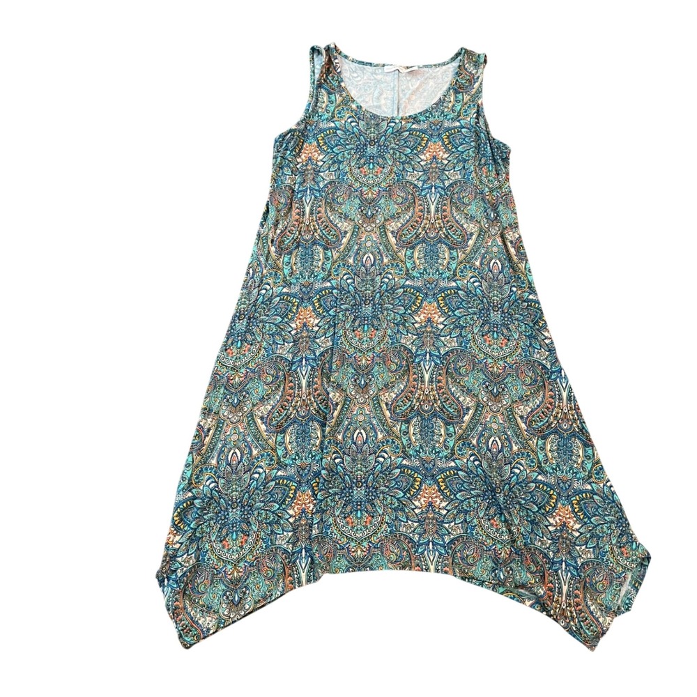 Lucky Brand Women 1X Teal Paisley Handkerchief Hem Sleeveless Knit Dress Boho